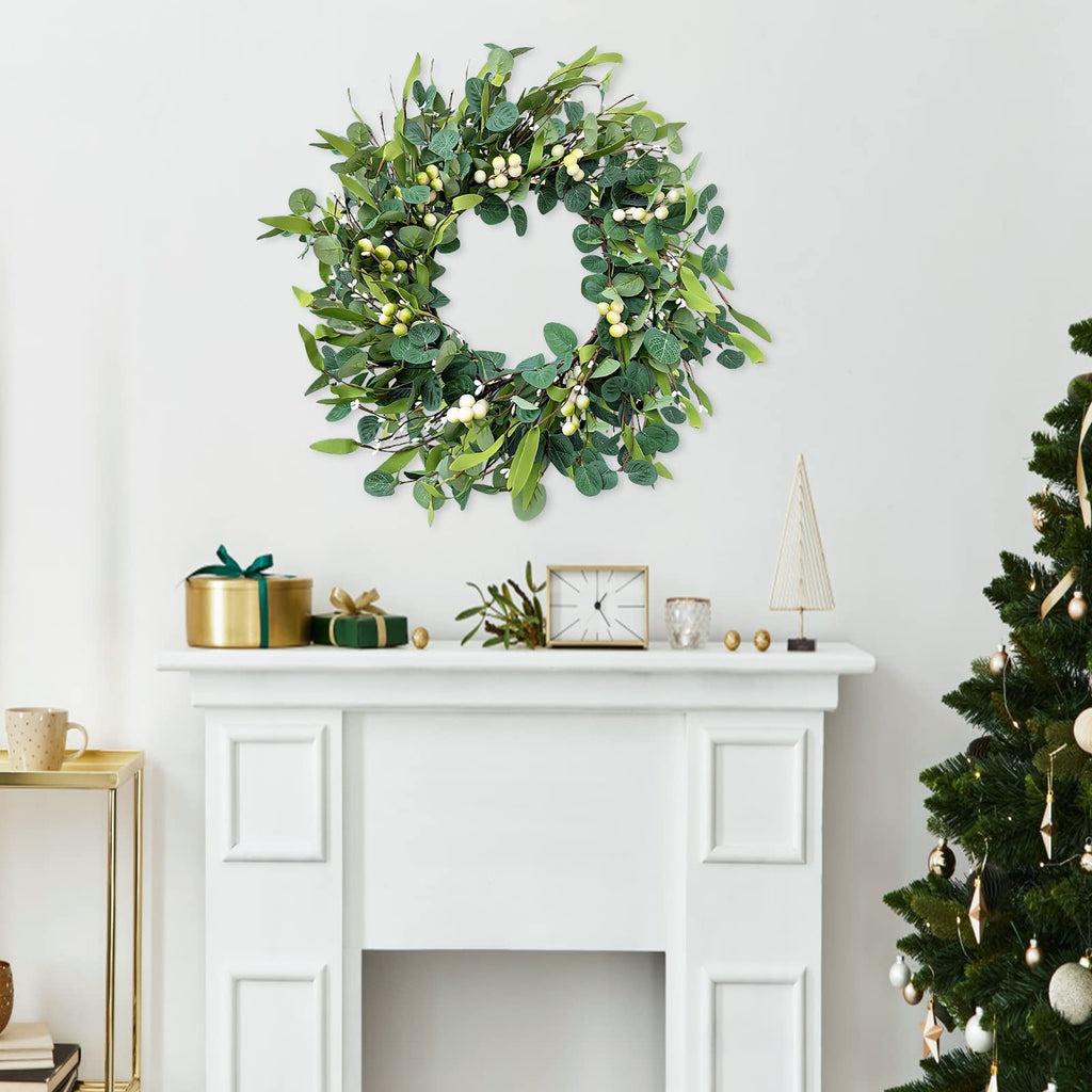 Weldomcor Green Eucalyptus Wreath for Front Door, 20 Inch Artificial Eucalyptus Leaves Wreath with Berries, Spring Summer Greenery Wreath for Indoor Outdoor Wall Window Festival Farmhouse Garden