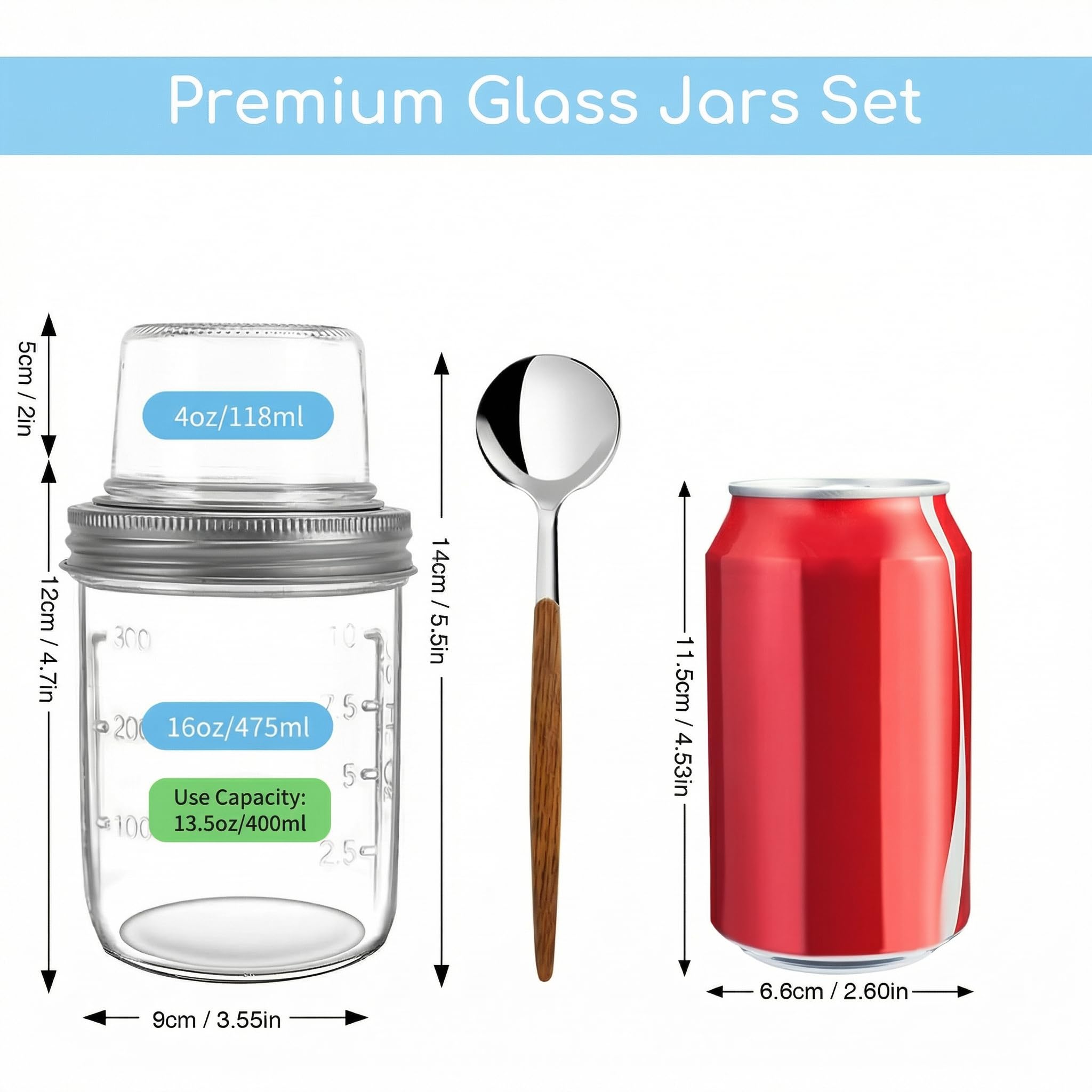 shopwithgreen Overnight Oats Jars with Lids（16oz+4oz 4 Pcs）Dual-Laryer Chia Pudding Jar with Dry and Wet Separation, Yogurt Parfait Contianer for Oatmeal Cereal Nut Fruit, Glass Meal Prep Jars