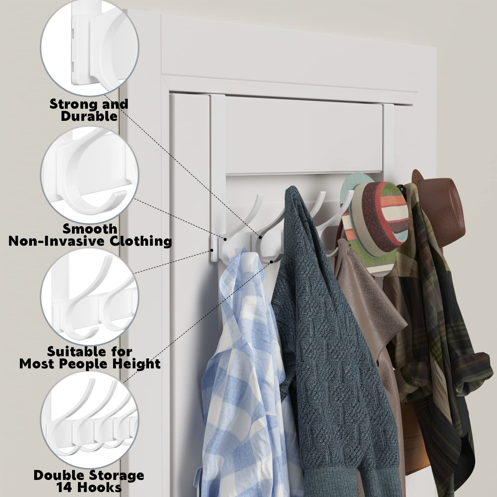 Peasulin 2 Pack Over The Door Hooks, Sturdy Door Hanger, Large Over The Door Towel Rack with 12 Hooks, Heavy Duty Easy to Install, for Bathroom, Bedroom，Kitchen，Hanging Towels, Coats (White)