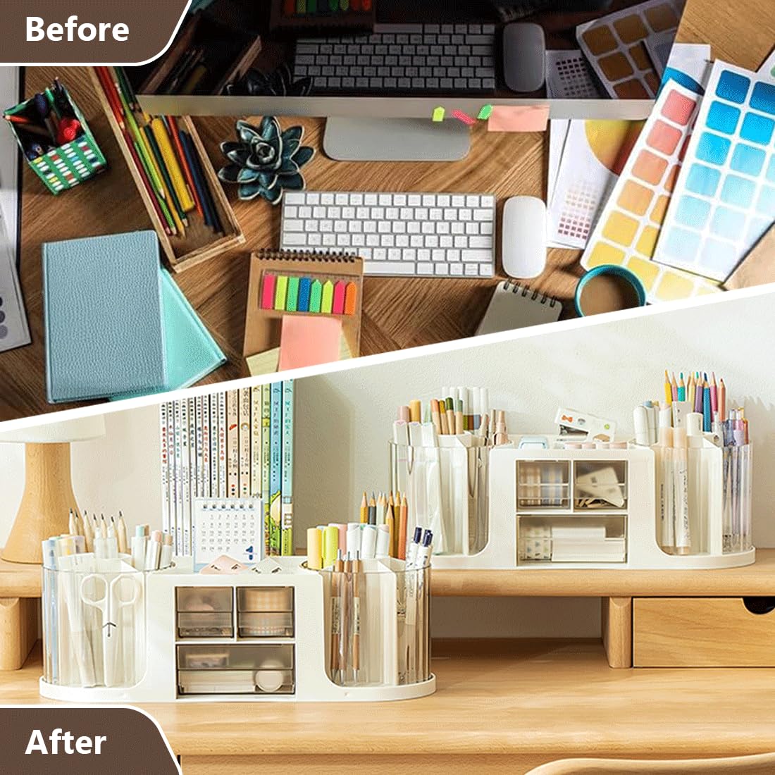 Rotating Desk Organizer with 2 Pen Holder, Office Desk Organizers and Storage with 10 Slots 360 Degree Rotating Pencil Holder for Desk+3 Drawer Organizers+1 Top Storage Tray for School Supplies