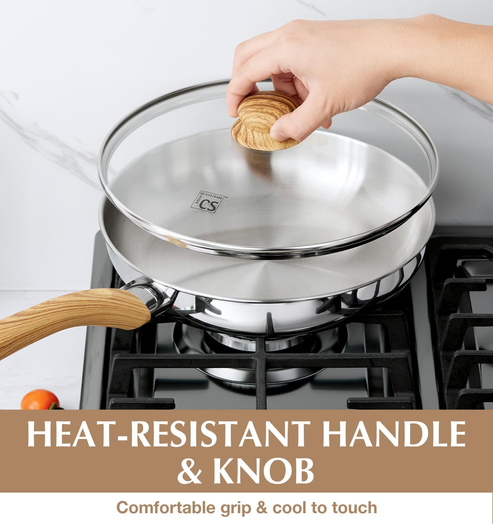 KOCH SYSTEME CS Stainless Steel Pan 10 Inch, Stainless Steel Frying Pan with Lid, 26cm Skillet with Heat-Resistant Bakelite Handle, Tri-ply Bottom, Induction Compatible, Dishwasher Safe