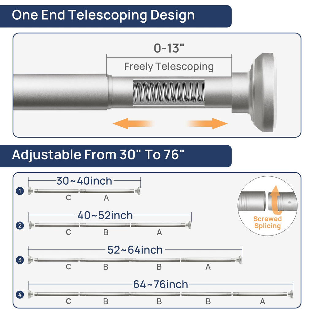 Shower Curtain Rod 30 to 76 Inches, 1 Inch Adjustable Spring Tension Stainless Steel Shower Rod No Drill for Bathroom, Closet, Window, Room Divider, Never Rust, Non Slip, Nickel