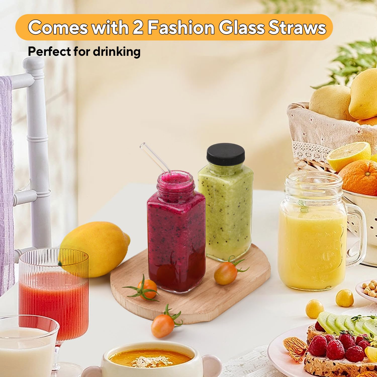 6 Pack 8 oz 250ml Glass Juice Bottles with Lids, Reusable Glass Containers Drinking Glass Jars Small Glass Bottles for Smoothie, Juicer Shots, Milk, Water, Kombucha, School, Outdoor