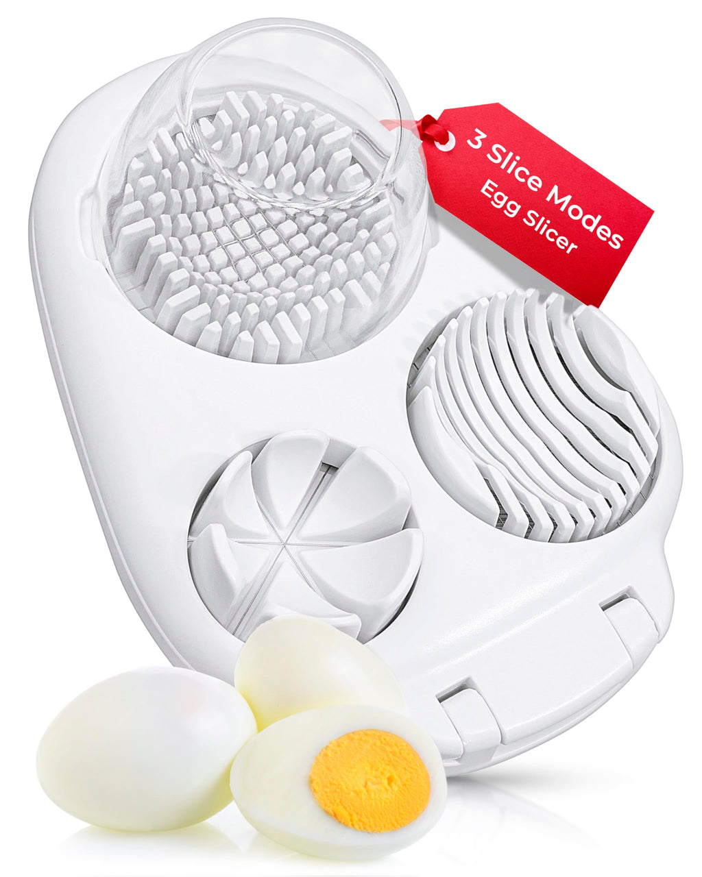 CraftyCrocodile Egg Slicer for Hard Boiled Eggs - 3 Slice Modes Egg Cutter, Heavy Duty, Stainless Steel Dicer - Hand Chopper Kitchen Tool for Strawberry, Mushroom, Grape, Cherry Tomato - White