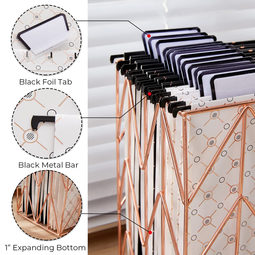 YOMA 12 Pack Decorative Hanging File Folders Letter Size Rose Gold File Folder Pretty Hanging Folder Organizer for Filing Cabinet Office Home with 1/5-Cut Adjustable Tabs, 3 Black Foil Design