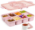 Caperci Large Snack Box Container - 10-Compartment Divided Serving Tray with Lid and Handle & 2 Dip Containers, Dishwasher Safe, Leak-Proof, Wheat Straw, BPA-Free (Pink)