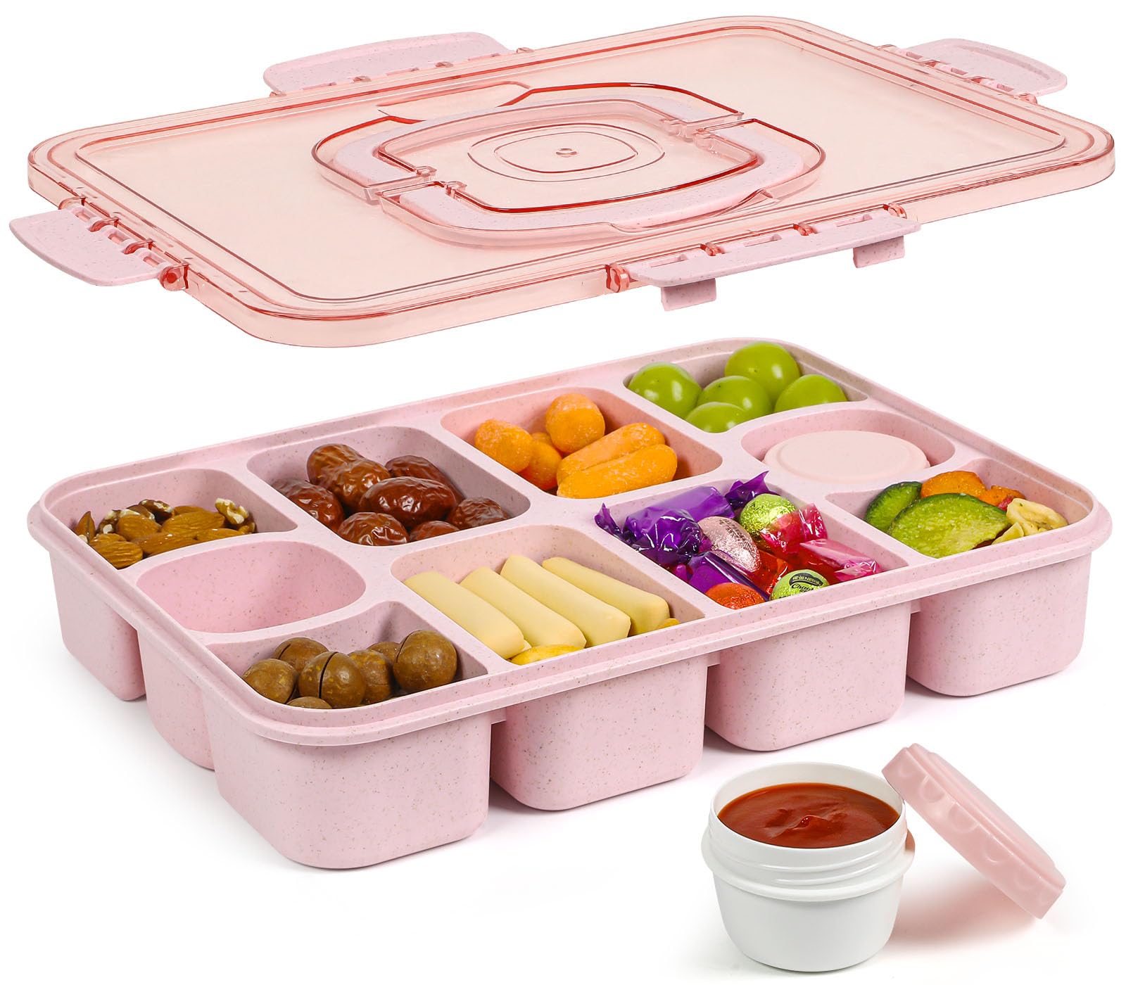 Caperci Large Snack Box Container - 10-Compartment Divided Serving Tray with Lid and Handle & 2 Dip Containers, Dishwasher Safe, Leak-Proof, Wheat Straw, BPA-Free (Pink)