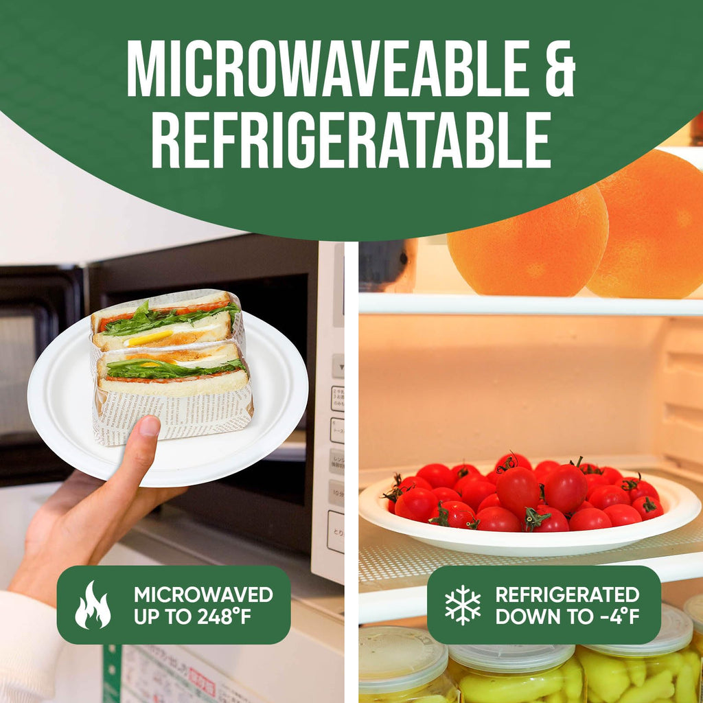 TaidMiao 9 Inch Paper Plates 100 Pack - 100% Compostable Dinnerware | Leak & Grease Resistant Disposable Plates for Parties, Microwavable, Bulk Eco-Friendly - White