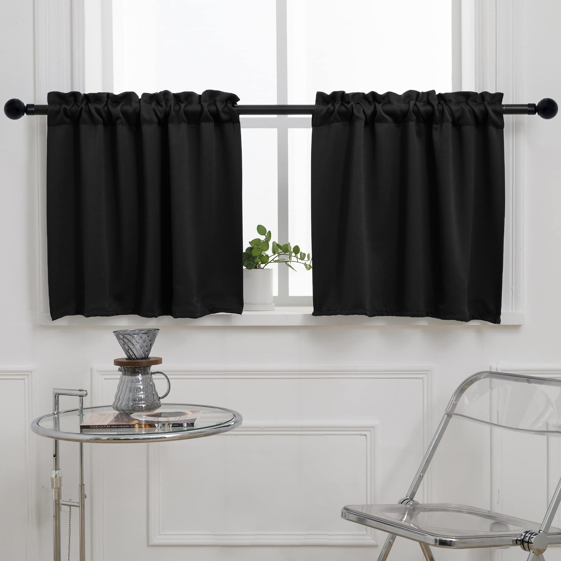Pickluc 24 Inch Long Tier Curtains for Small Window, Short Blackout Curtain with Rod Pocket - Half Window Curtains for Kitchen, Cabinet, Basement, Camper, 2 Panels, Black, 30 Inches Wide