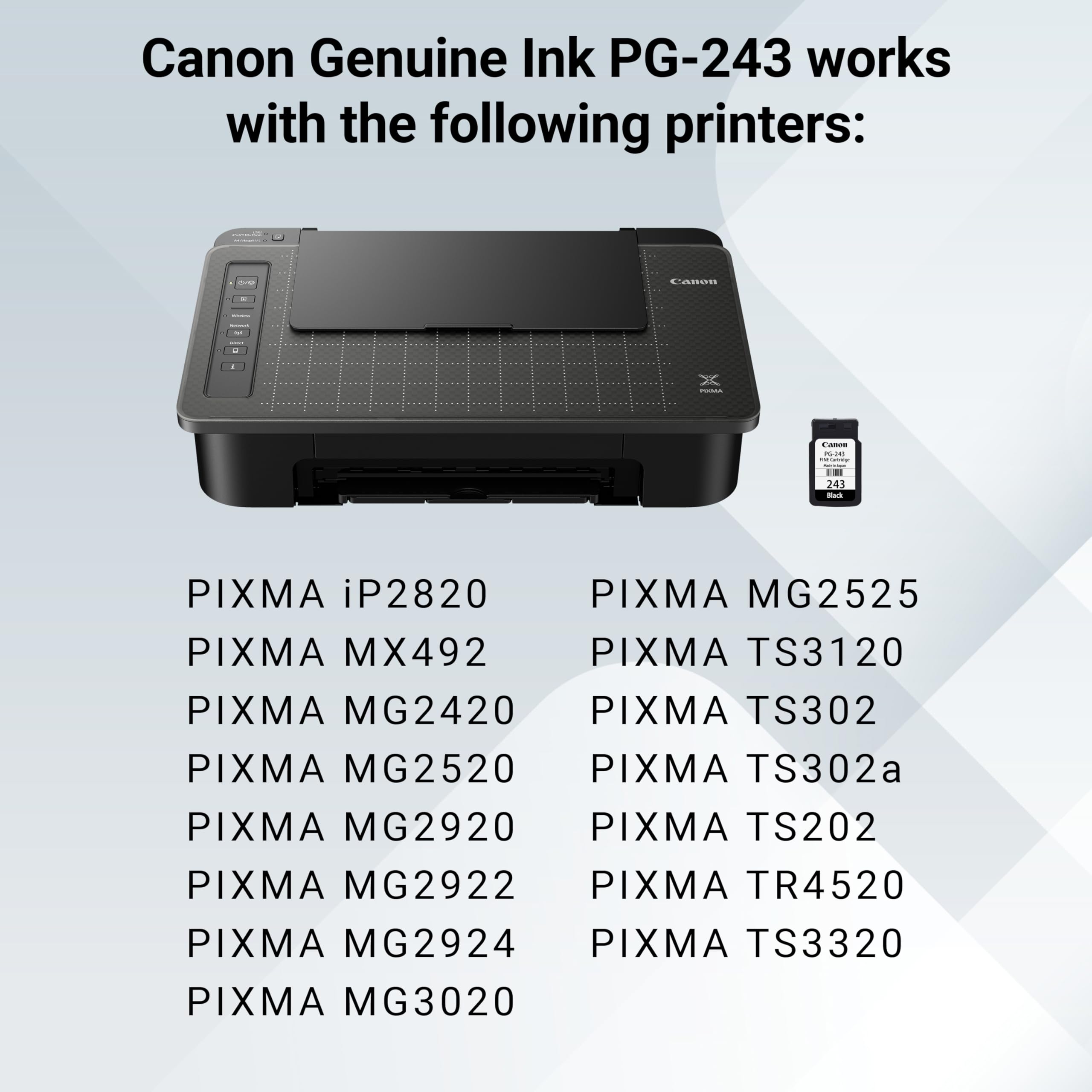 Canon PG-243 Black Ink Cartridge Compatible to printer iP2820 MX492, MG2420, MG2520, MG2920, MG2922, MG2924 MG3020, MG2525, TS3120, TS302, TS202 and TR4520