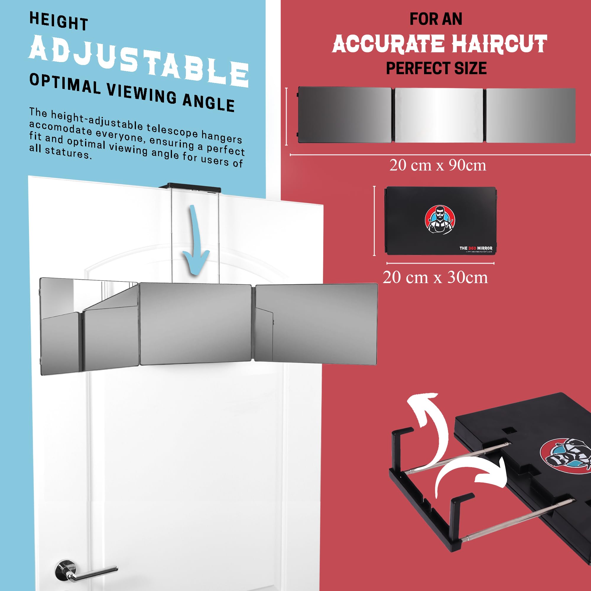 The 360 Mirror - 3 Way Adjustable Trifold Barber Mirror for Self Hair Cutting - Tri Fold Self Haircut System for Men and Women Braiding