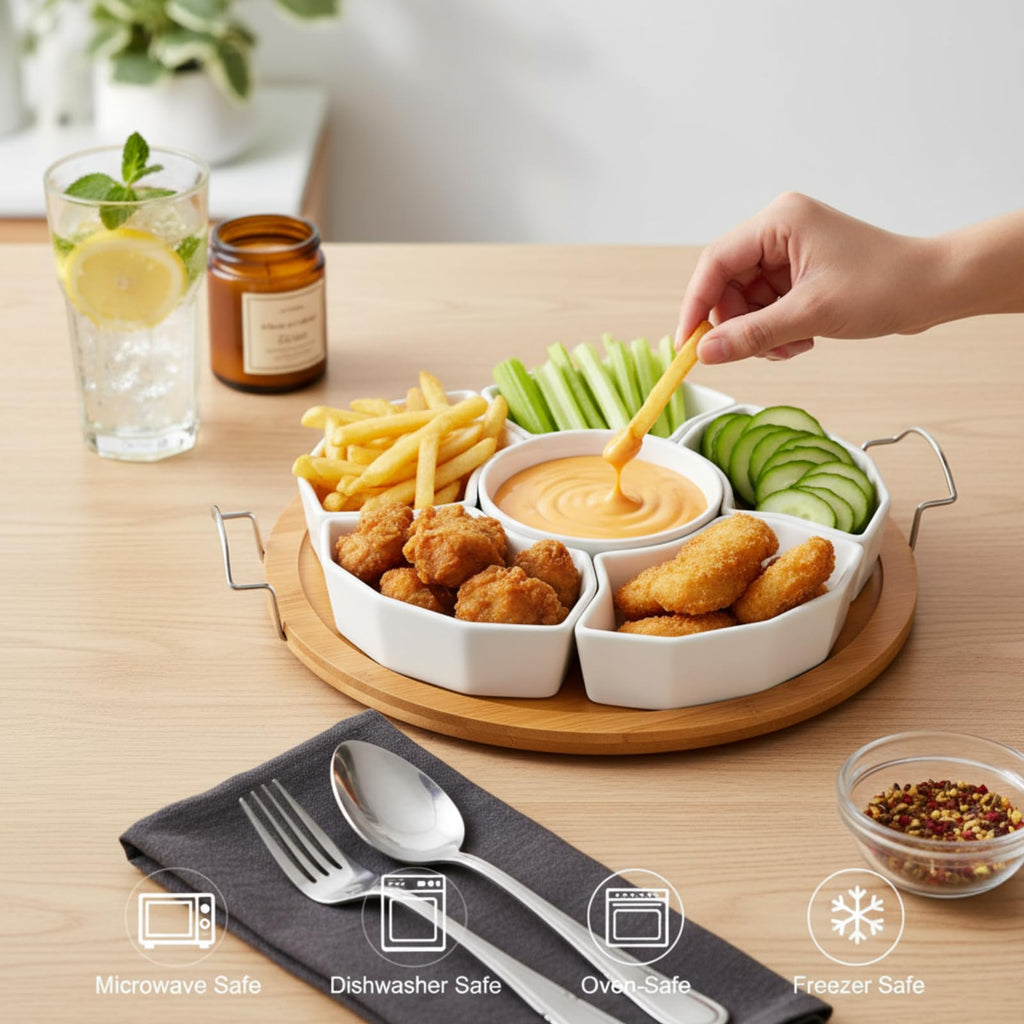 ZENFUN 11 Inch Ceramic Serving Tray and Platter, Divided Dip Bowls with Handles, 6-Compartment Removable Appetizer Snack Bowls, Round Sectional Serving Platter for Chips and Dip, Fruits, Condiment