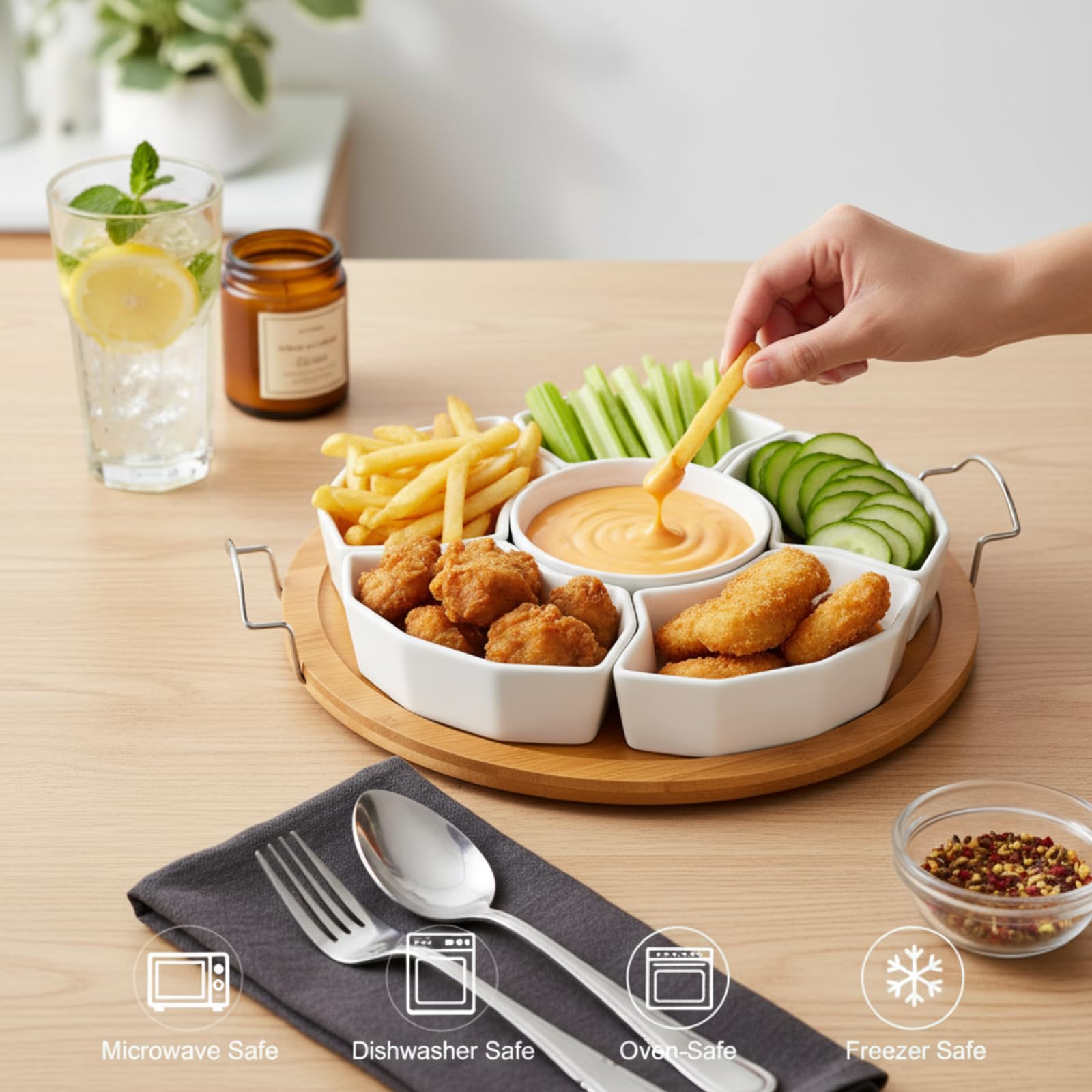 ZENFUN 11 Inch Ceramic Serving Tray and Platter, Divided Dip Bowls with Handles, 6-Compartment Removable Appetizer Snack Bowls, Round Sectional Serving Platter for Chips and Dip, Fruits, Condiment