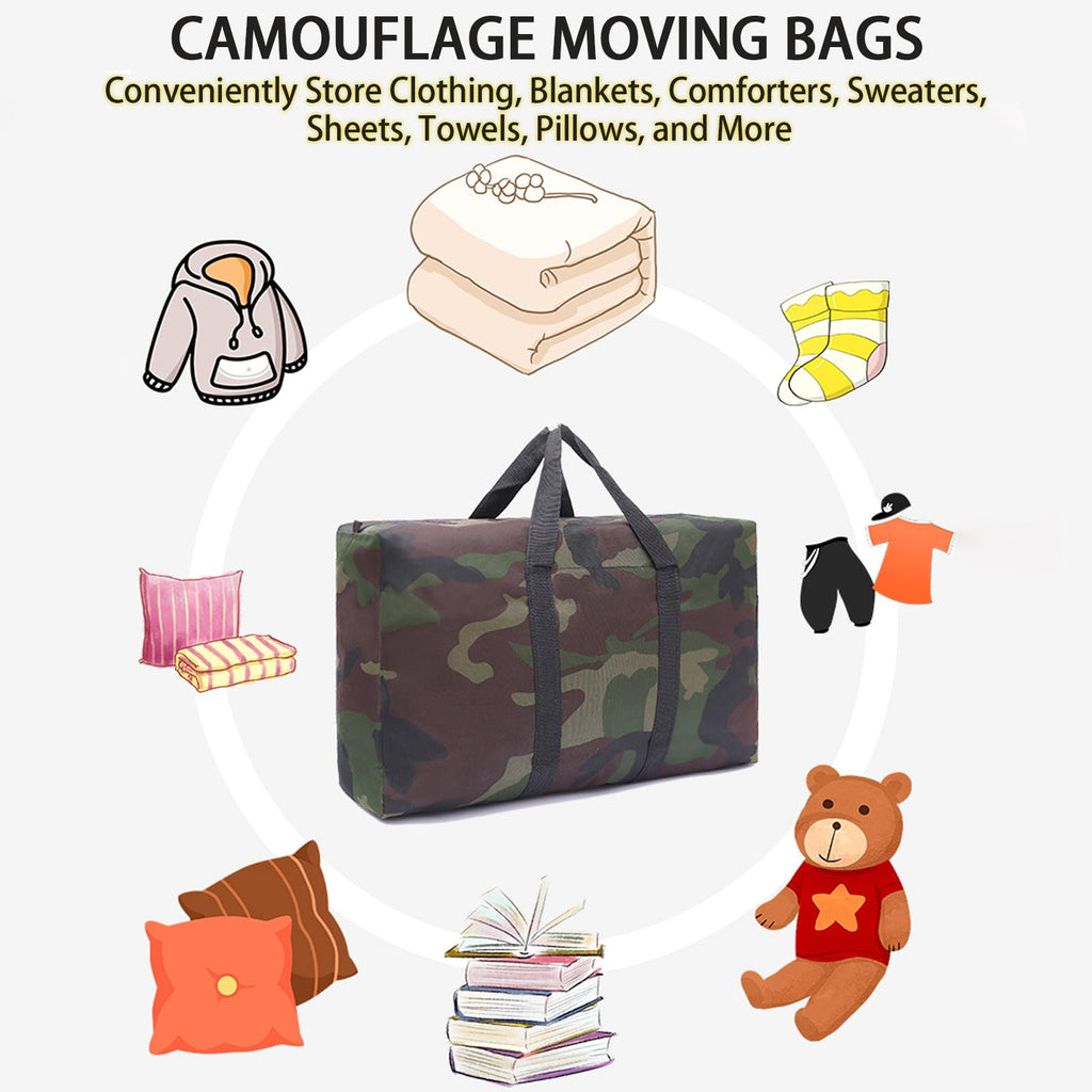 4 Packs Camouflage Extra Large Moving Bags, 125L Heavy Duty Storage Bags, Waterproof Oxford Storage Tote Duffle Bag with Zippers for Clothes, Bedding, Comforters, Pillows, Moving