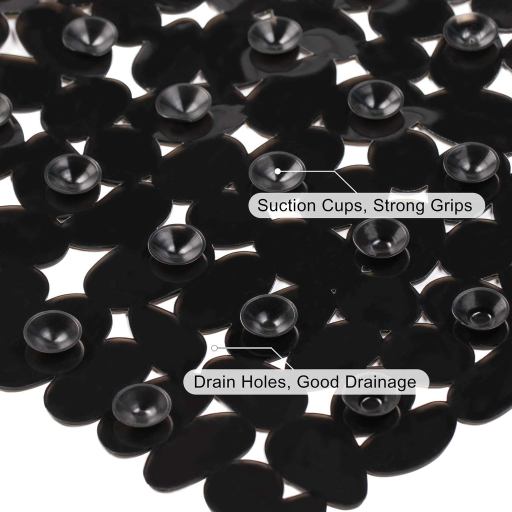 WELTRXE Non Slip Bath Mat Pebbles Bathtub Mat with Suction Cups, Drain Holes for Bathroom Showers, Tub, 35" x 16" Machine Washable Rectangle Bathroom Mats BPA, Latex Free Safe Shower Mats,Opaque Black