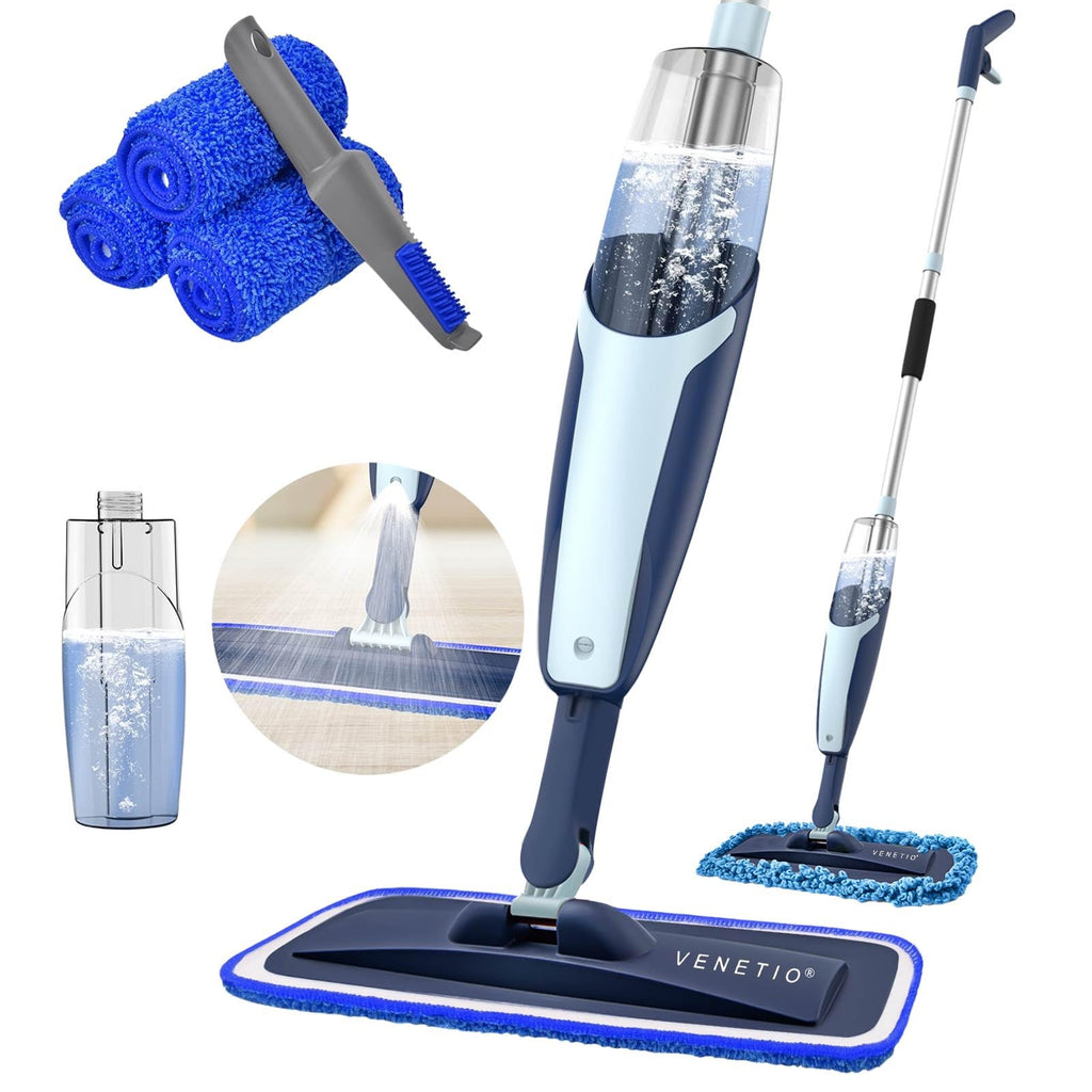 VENETIO Premium Microfibre Spray Mop with Refillable Sprayer for Quick Dry and Wet Floor Cleaning or Dusting | Wood, Laminate, Tile, Vinyl, Hardwood Floor Mop with 3 Reusable and Washable Pads, Blue