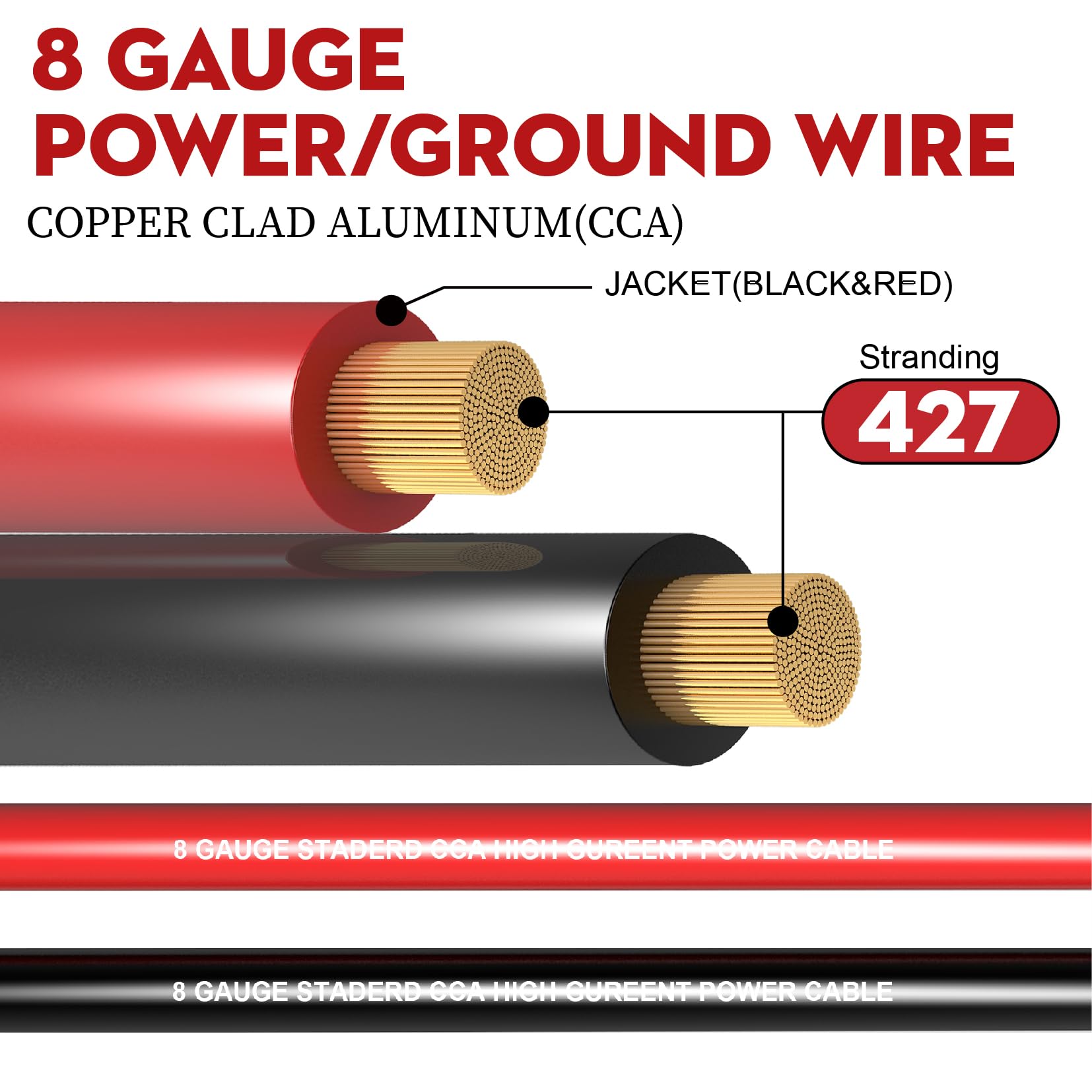 Taigoehua 50FT 8 Gauge Wire (25ft Each-Black/Red) Copper Clad Aluminum CAA- with 8ga lugs,60A Fuse Holder and Heat Shrink Tube, Car Amplifier Power & Ground Cable