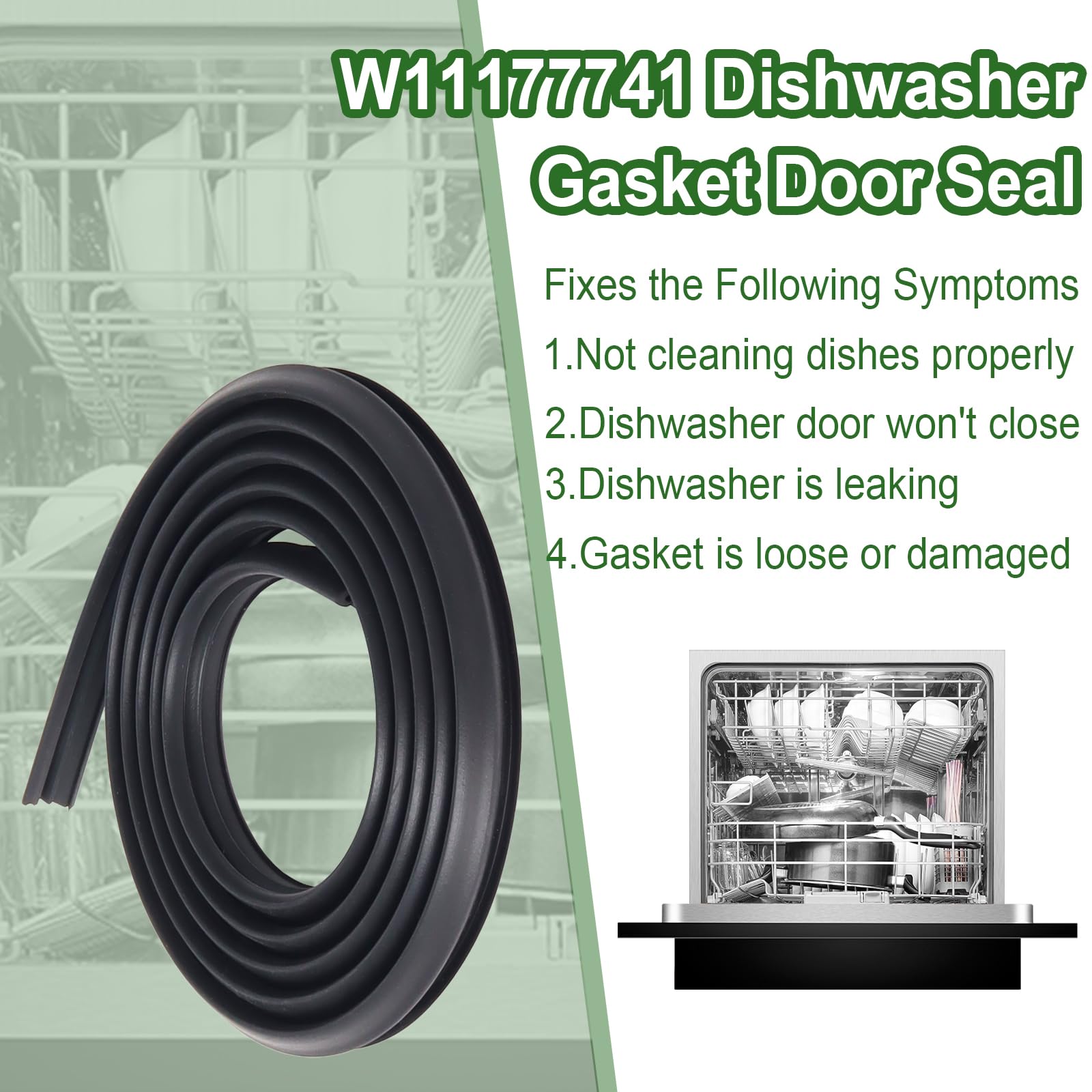 W11177741 W10300924 Dishwasher Gasket Door Seal Compatible with Whirlpool Maytag Kenmore Dishwashers Replaces W10300924V W10300924VP 4843807 W10660528 PS12348515