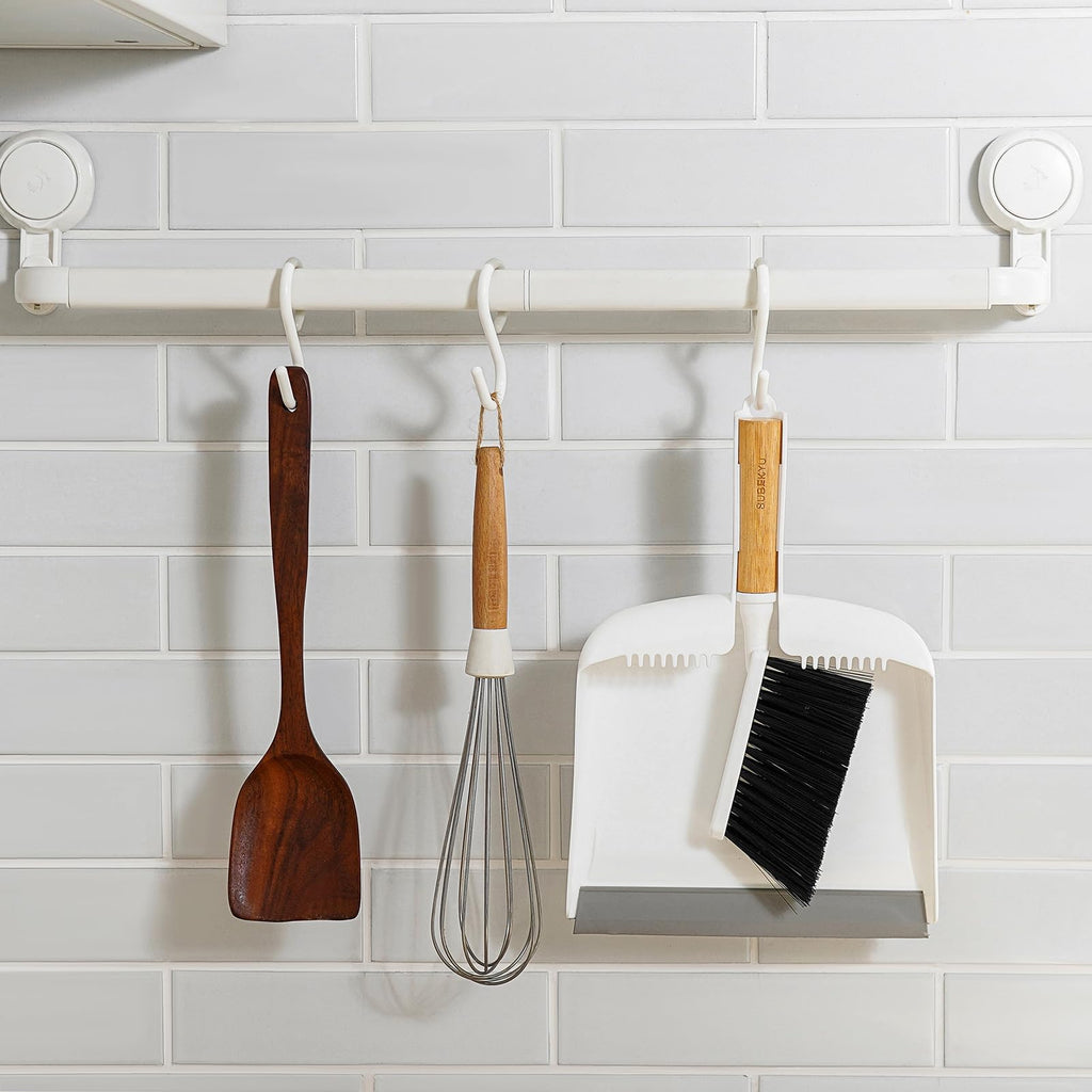 SUBEKYU Dustpan and Brush Set with Bamboo Handle, Hand Small Broom and Dustpan Set for Kitchen/Desktops/Bedroom, White, 1 Set