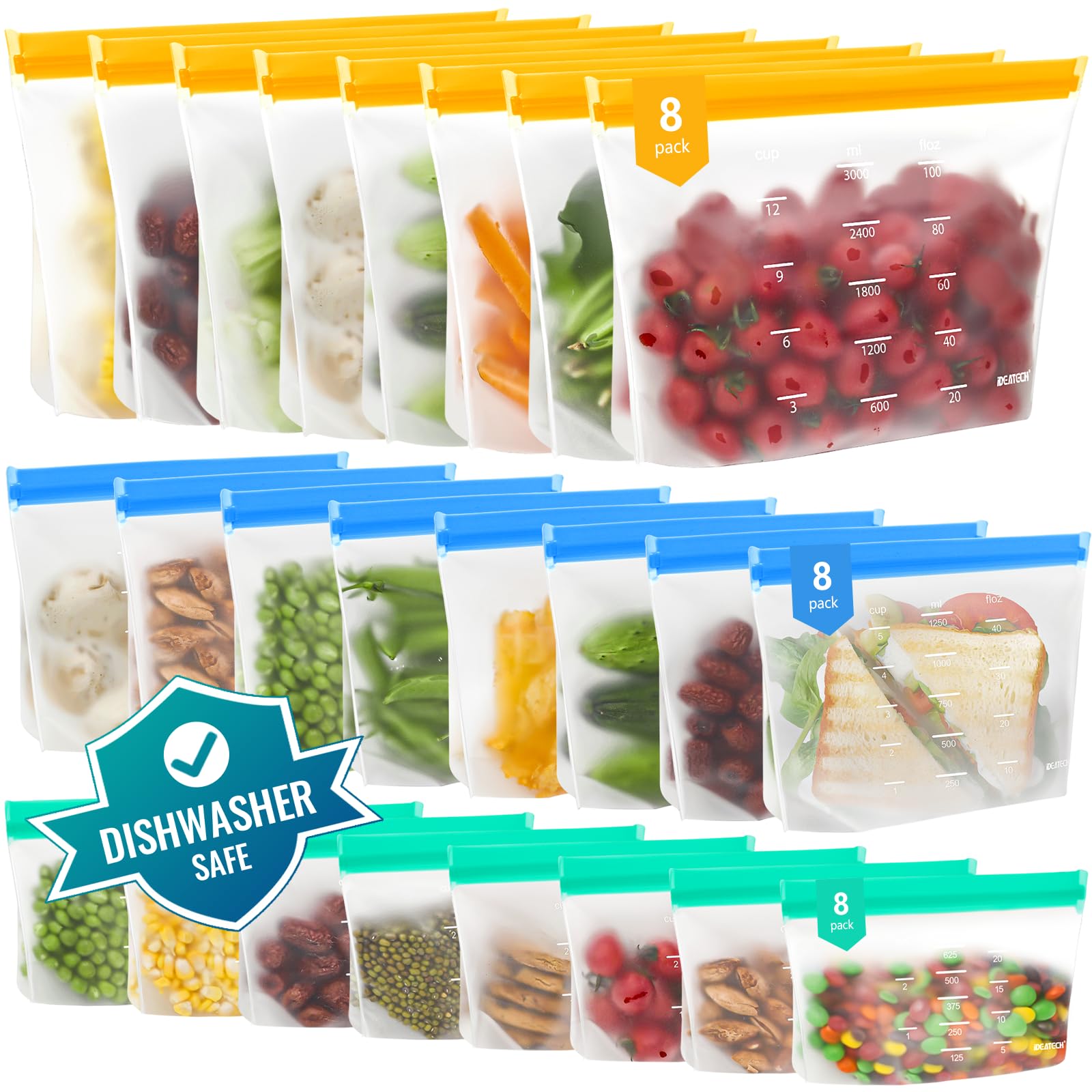 IDEATECH Reusable Freezer Bags 24 Pack Xlarge Leak-Proof Silicone BPA Free Family Stand Up Standing Small Food Storage Gallon Kids Plastic Pouch for Sandwich Soup Snack Meat