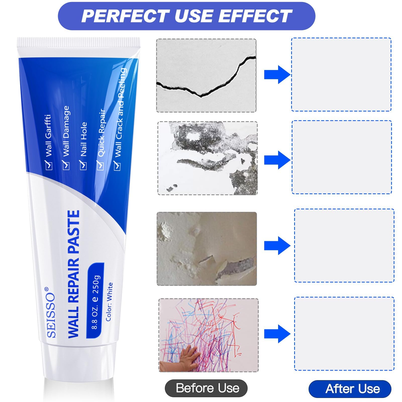 SEISSO Drywall Repair Kit, 500 g Wall Mending Agent- 2 Pack, Wall Spackle Repair Kit with Scraper, Patch for Wall Hole Filler, White Spackle Wall Repair Paste, Plaster Dent