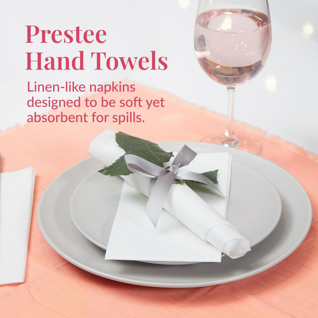 Prestee 200 Disposable Bathroom Napkins | Linen Feel Disposable Paper Hand Towels | Single-Use Cloth-Like Guest Towels | Dinner or Wedding Napkins (White)