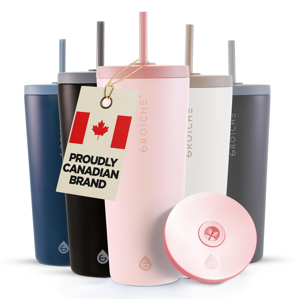 GROSCHE Jasper Tumbler with Straw. Extreme Insulation, Classy Design, Built to Last, Insulated Stainless Steel Tumbler with Lid and Straw, Perfect for Iced Coffee, Canadian Brand! - 23 fl oz, Pink