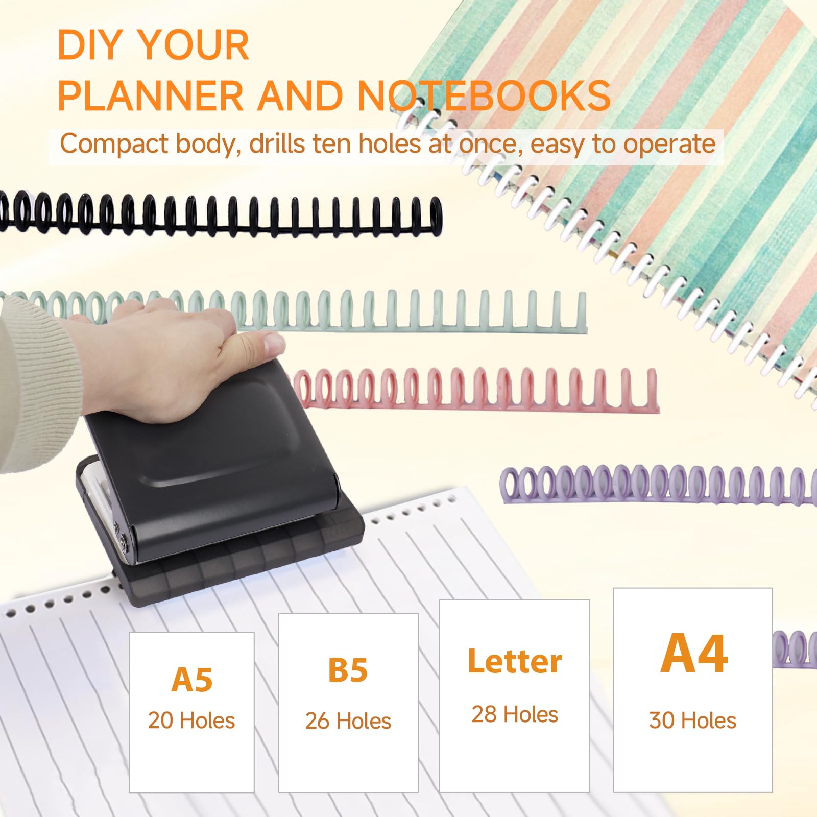 TUAKIMCE 10-Hole Punch Binding Machine for Planners, Mini Metal Manual Binding System with 10 Multi-Color Binder Rings, Punches 30 Holes on A4, 20 Holes on A5, 26 Holes on B5