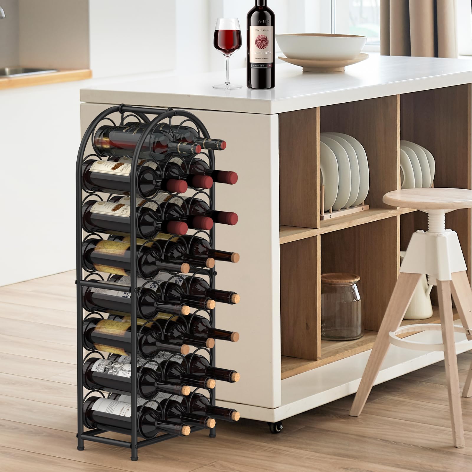 KANEODOT 23-Bottle Freestanding Wine Rack with Handle, 82cm Tall Metal Wine Holder with Adjustable Feet, Storage Organizer and Display Rack for Bar, Kitchen, Pantry, Dining Room, Living Room, Black