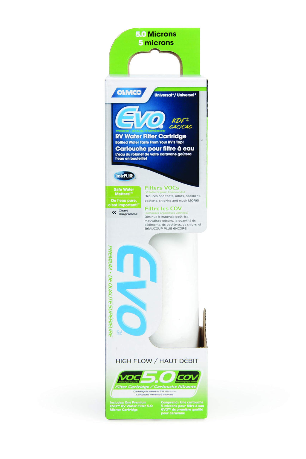 Evo Premium Replacement RV Water Filter Cartridge, Filters VOCs, Rated to 5-Microns, 1-Pack (40620)