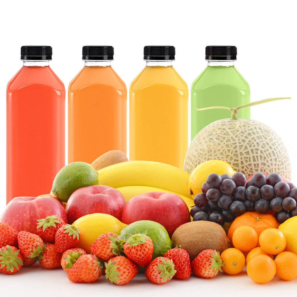Cedilis 10 Pack 33oz/1L Plastic Juice Bottles with Black Cap, Clear Reusable Containers with Lids, Great Disposable Bottles for Making Juice, Milk, Salad Dressing, Smoothie and Other Beverages