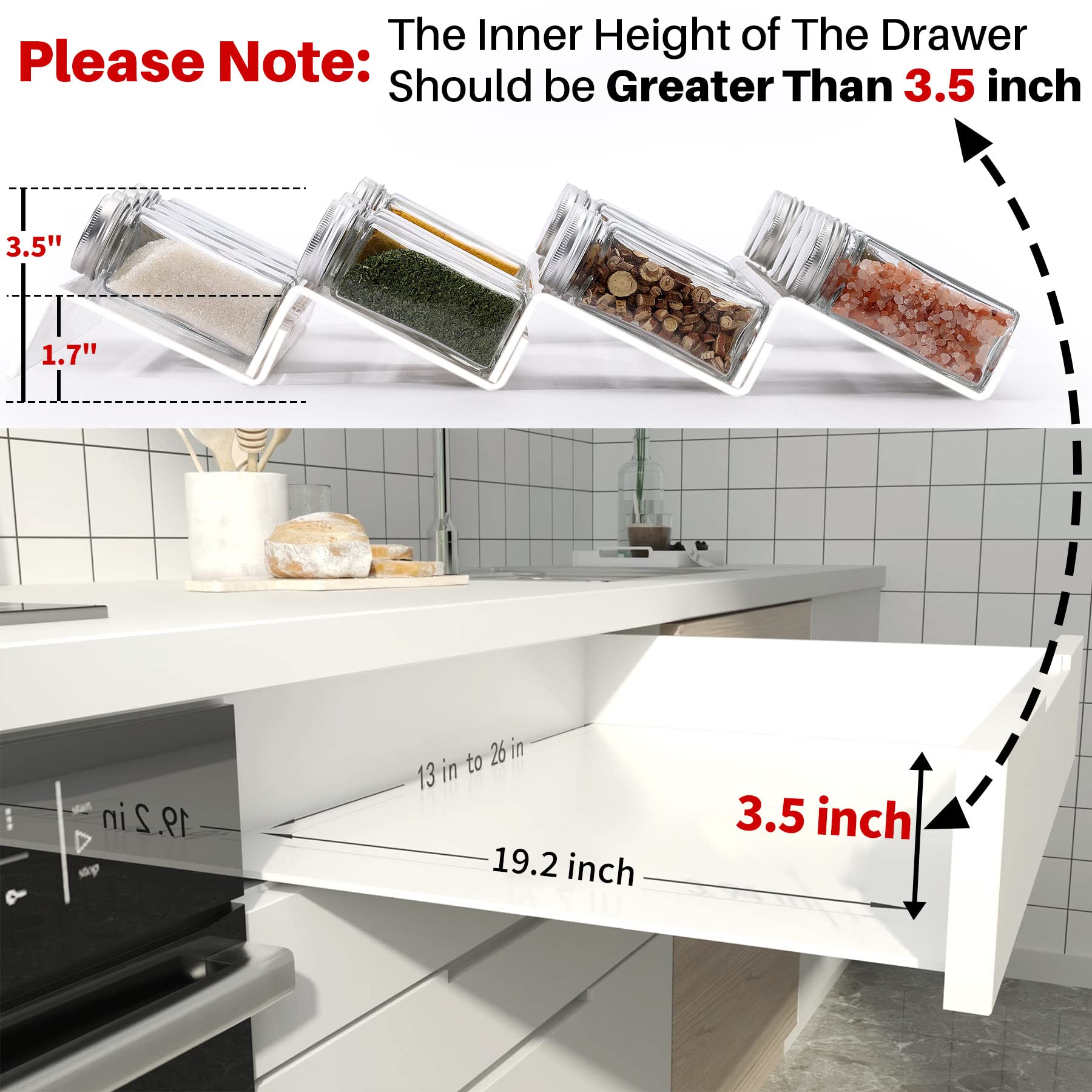MIUKAA Clear Acrylic Spice Drawer Organizer, 4 Tier- 2 Set Expandable From 13" to 26" Drawer Seasoning Organizer, Kitchen Spice Rack Tray for Drawer/Countertop (Jars not included)