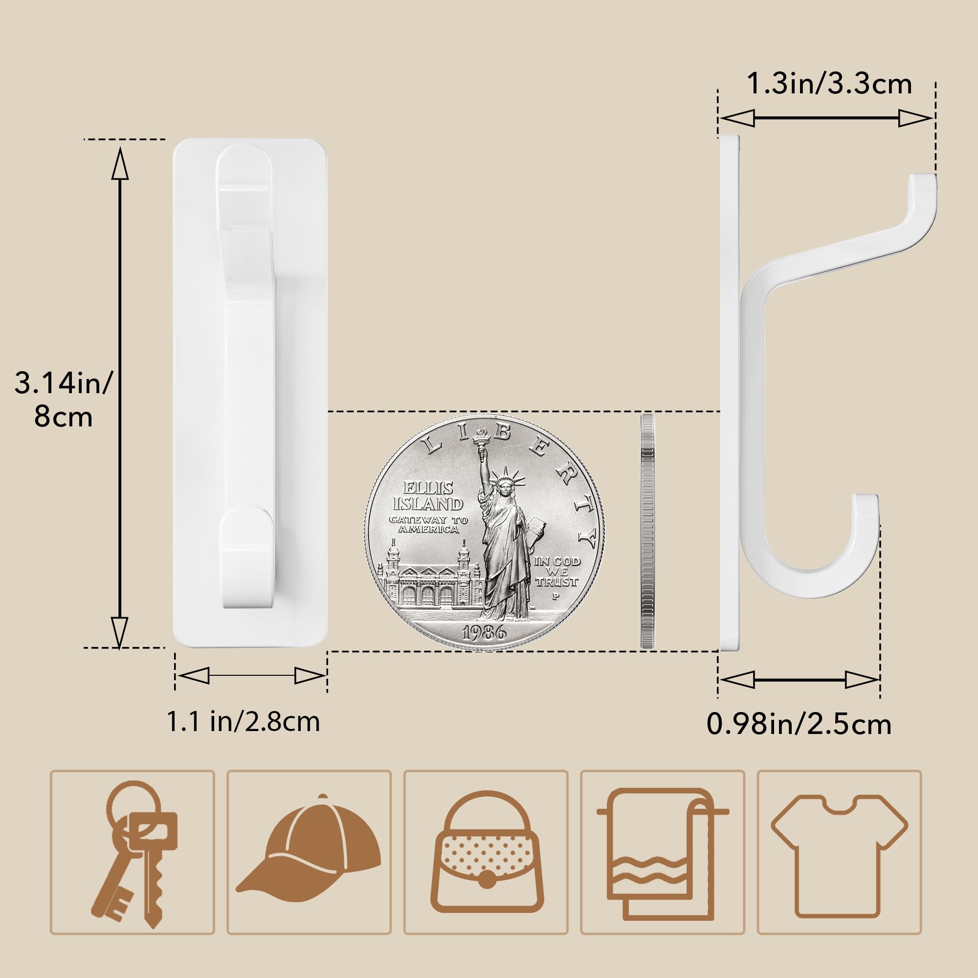Self Adhesive Hooks, Heavy Duty Stainless Steel, Extra Sticky 6KG (MAX), Stick On Wall and Door Hooks for Hanging, Bathroom Towel and Coat Hooks, White, 4 Pack