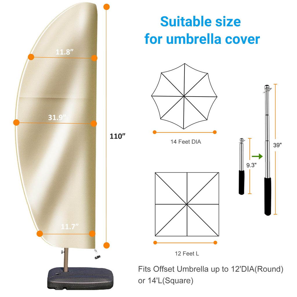 OKPOW Patio Umbrella Cover for 9ft to 14ft Outdoor Umbrellas - Waterproof Cantilever Offset Umbrella Cover Windproof - 420D Oxford Fabric Anti UV Large Hanging Parasol Covers (Beige)