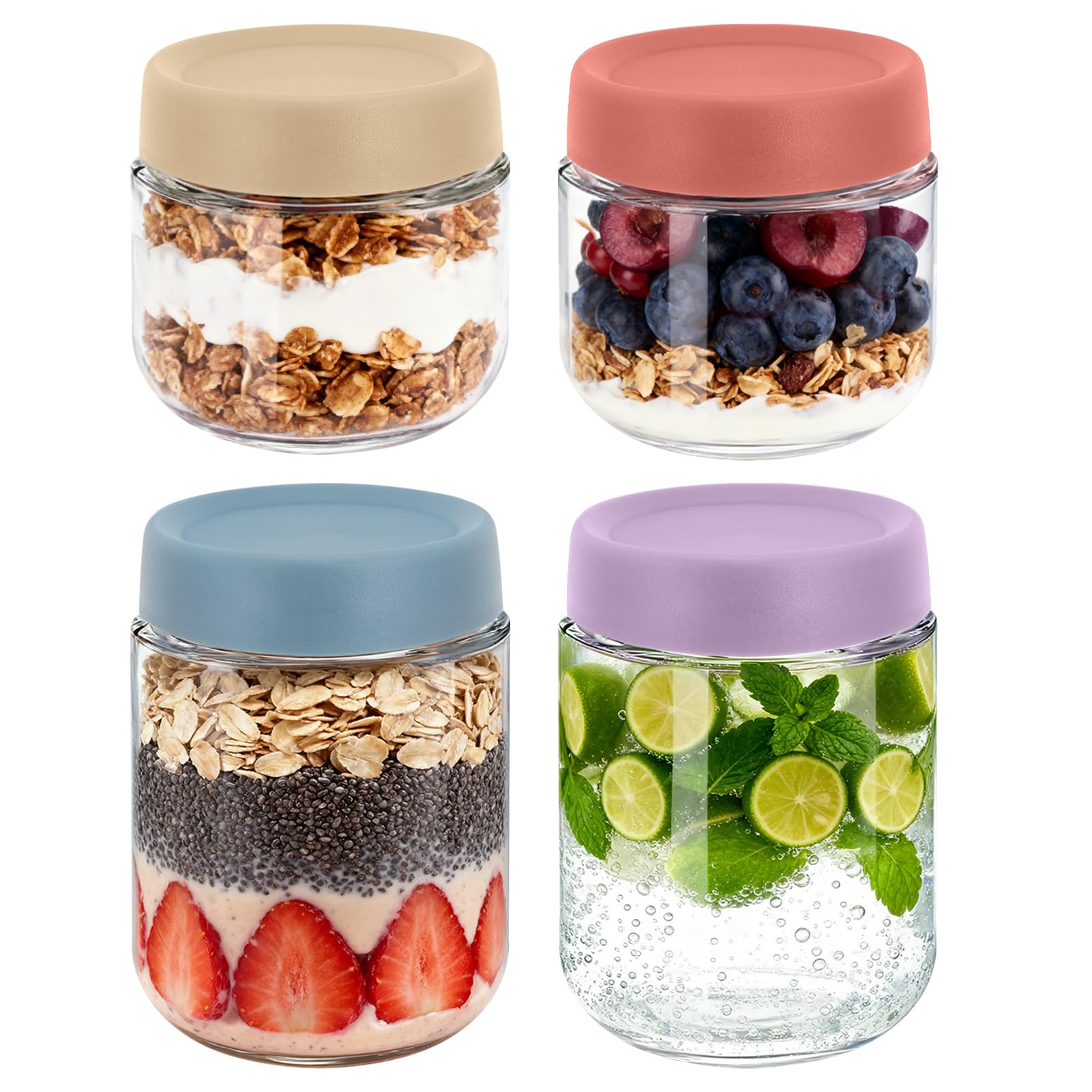 10+16oz Overnight Oats Jar, 4 Pack Overnight Oats Containers with Lids, Leak-Proof Reusable Wide Mouth Mason Jars Glass Jar for Yogurt Fruit, Salad Lunch, Snack, Cereal, Food Storage