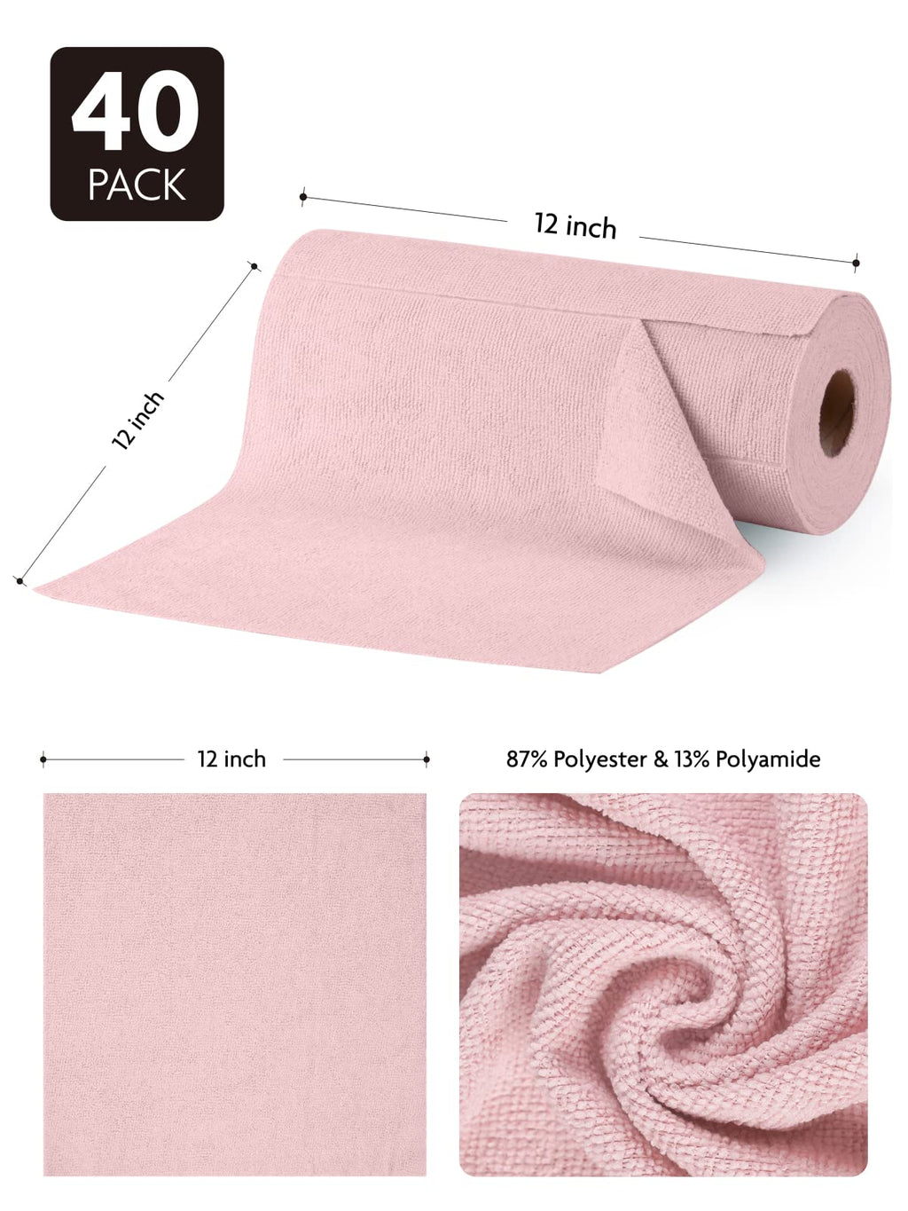 Fantasticlean Microfiber Cleaning Cloth Roll -40 Sheets, Tear Away Microfiber Towels, 30x30cm, Reusable, Washable, Scratch Free, Ultra Absorbent Dish Rags for Car, Home, Garage or Shop (Pink)