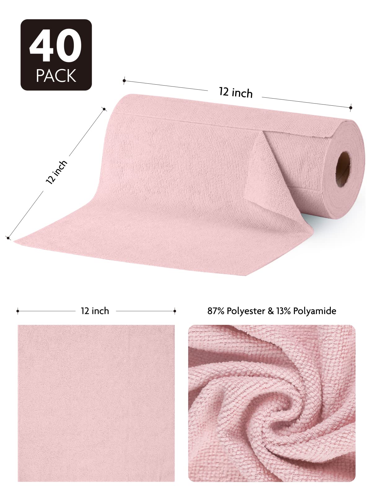 Fantasticlean Microfiber Cleaning Cloth Roll -40 Sheets, Tear Away Microfiber Towels, 30x30cm, Reusable, Washable, Scratch Free, Ultra Absorbent Dish Rags for Car, Home, Garage or Shop (Pink)