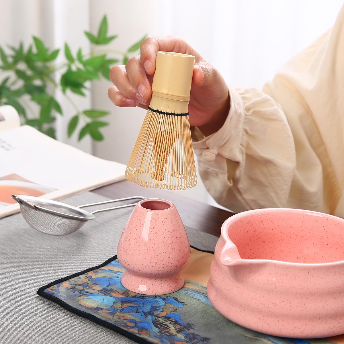 Matcha Tea Ceremony Set with Pink Ceramic Bowl, Bamboo Whisk, Strainer and Mat, 7-Piece Traditional Japanese Style