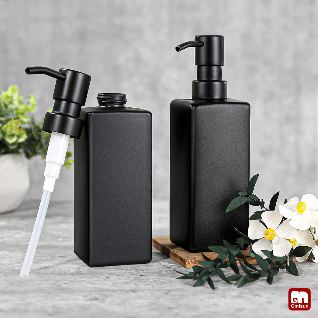 GMISUN Black Soap Dispenser, Hand Soap Dispensers Bathroom, 12oz Glass Soap Dispenser with Stainless Steel Pump, Dish Soap Dispenser for Kitchen, Bathroom/Kitchen Liquid Soap Dispenser Set, 2-Pack