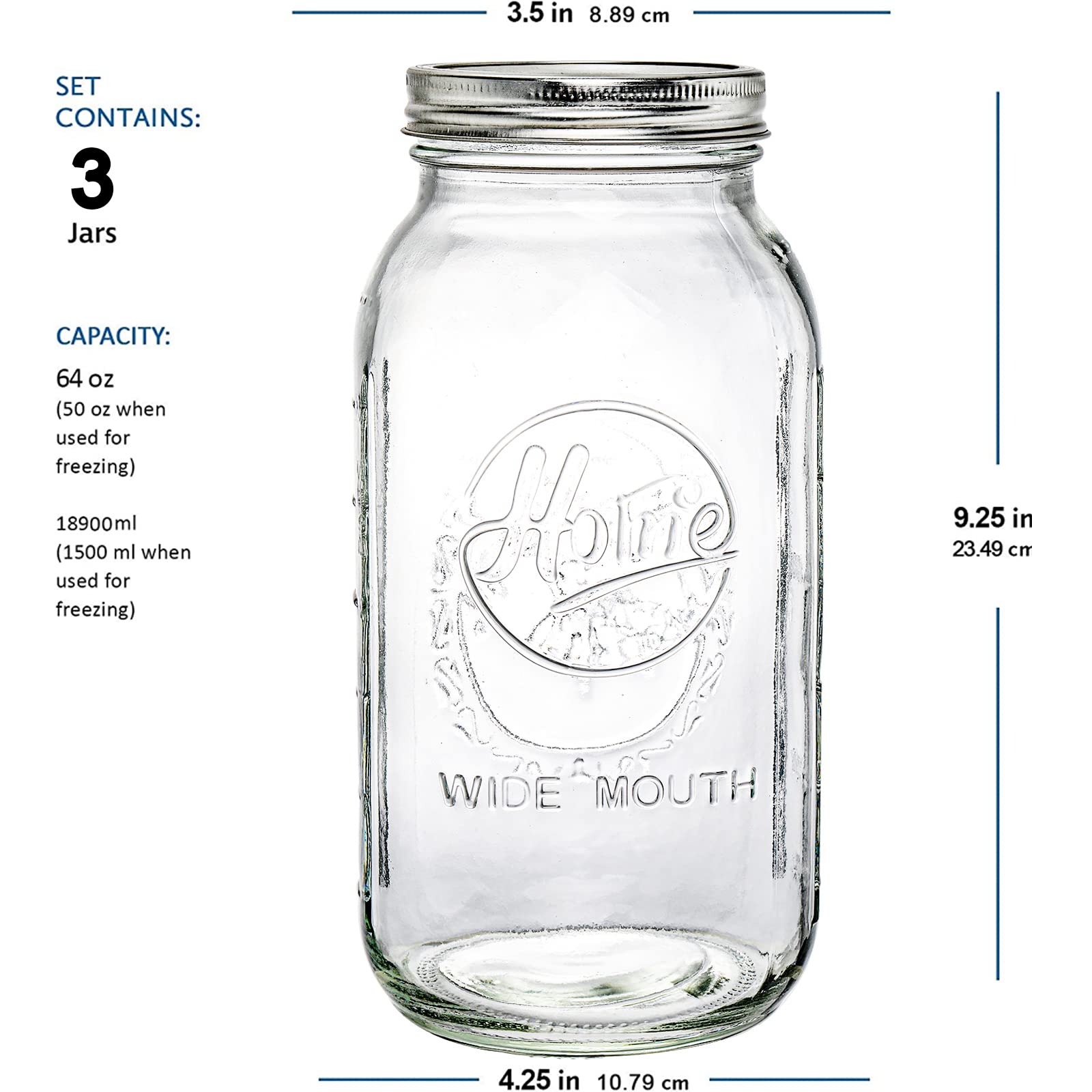 Tebery 3 Pack Wide Mouth Mason Jars 64 oz with Airtight Lids and Band, 1/2 Gallon Clear Glass Storage Jars For Canning, Fermenting, Pickling, Storing