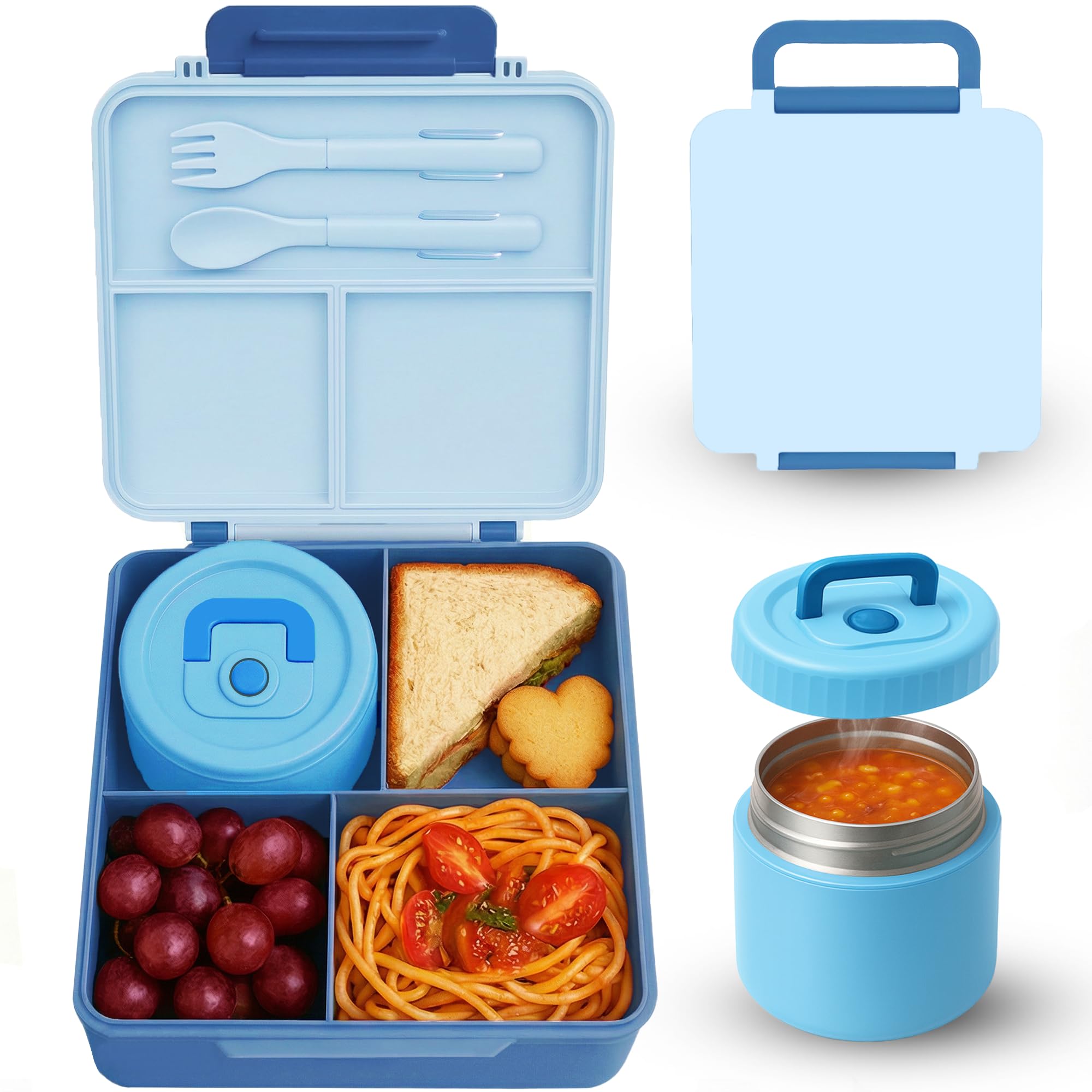 Bento Lunch Box for Kids with Carry Handle & Bento Box Bag, Leak-Proof 4-Compartments Lunch Box with 12oz Soup Jar and Cutlery, with Custom Dividers,Drop-Proof, Microwave and Dishwasher Safe (Blue)