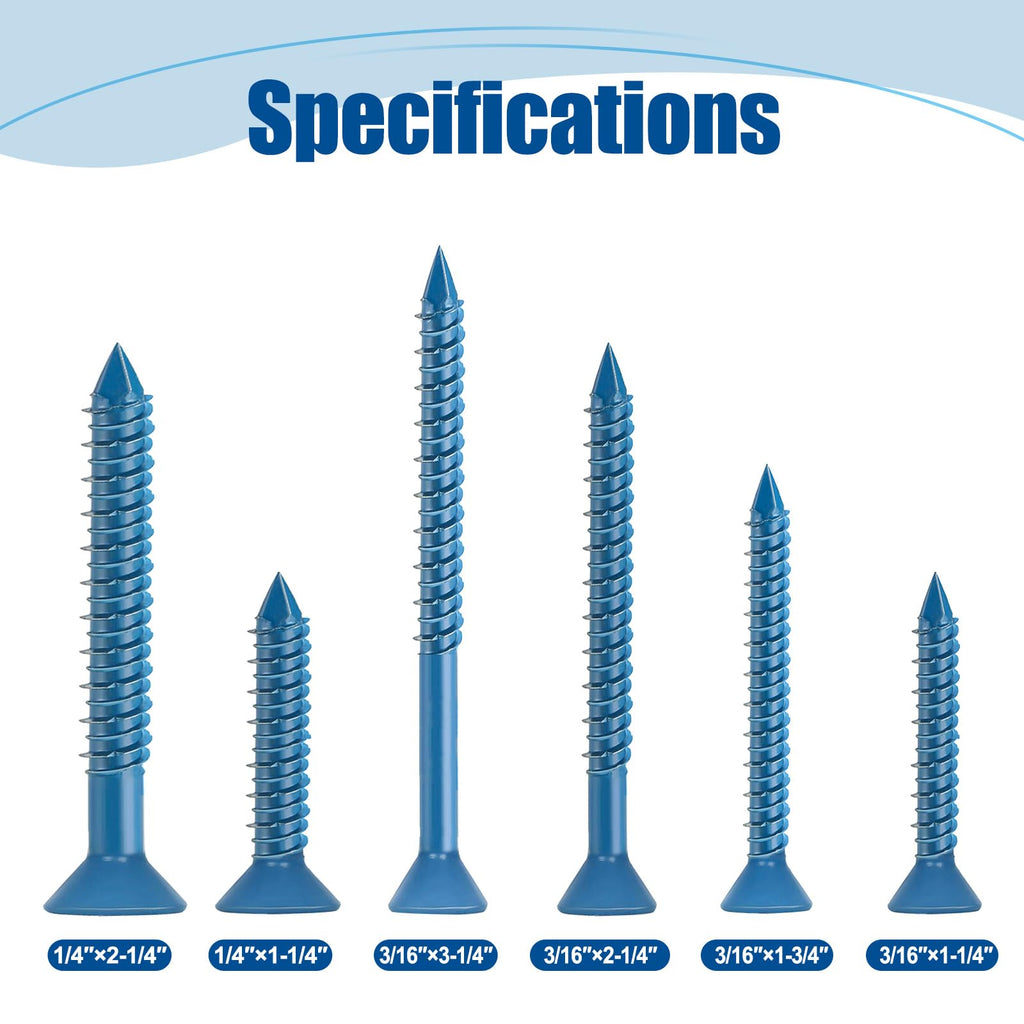 ANCHOREASE 3/16″×1-3/4″ (200Pcs) Flat Head Concrete Screw Anchor, Blue Screw, for Anchoring to Masonry, Block or Brick