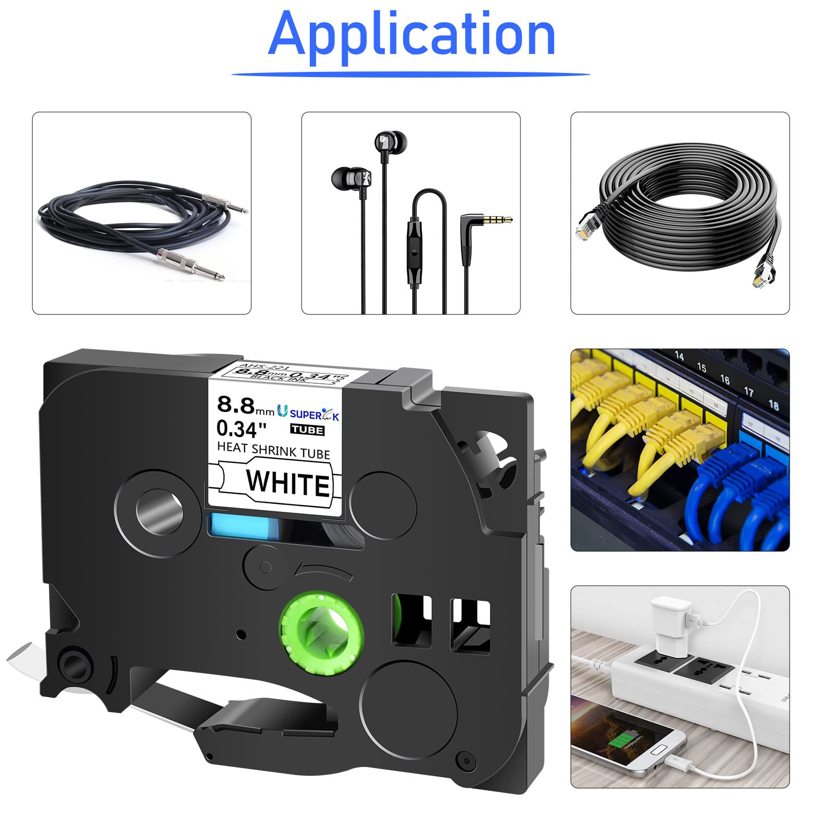 USUPERINK 3 Pack Heat Shrink Label Tape Compatible for Brother Ptouch HSe-221 HSe221 HS-221 HS221 Black on White 8.8mm 0.34'' for Wire Cable use in PT-P710BT P700 P750W P900 Label Printer