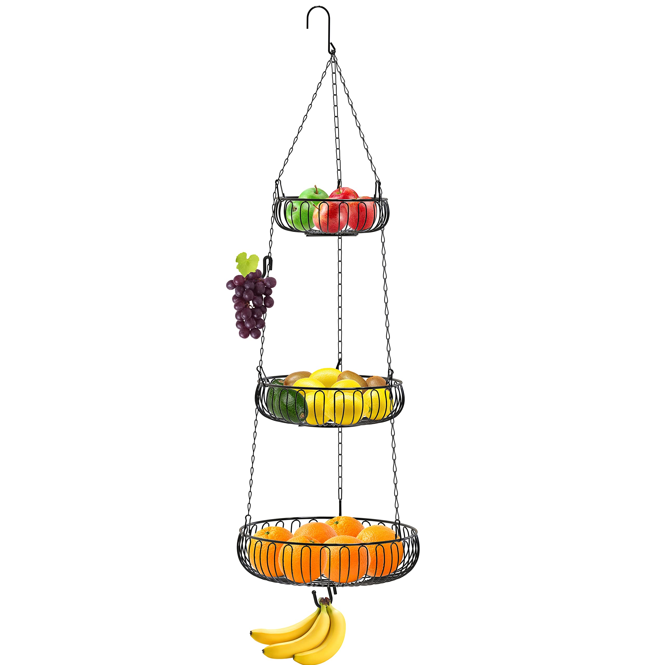 Simple Houseware 3-Tie Hanging Fruit Basket, Oblate, Black