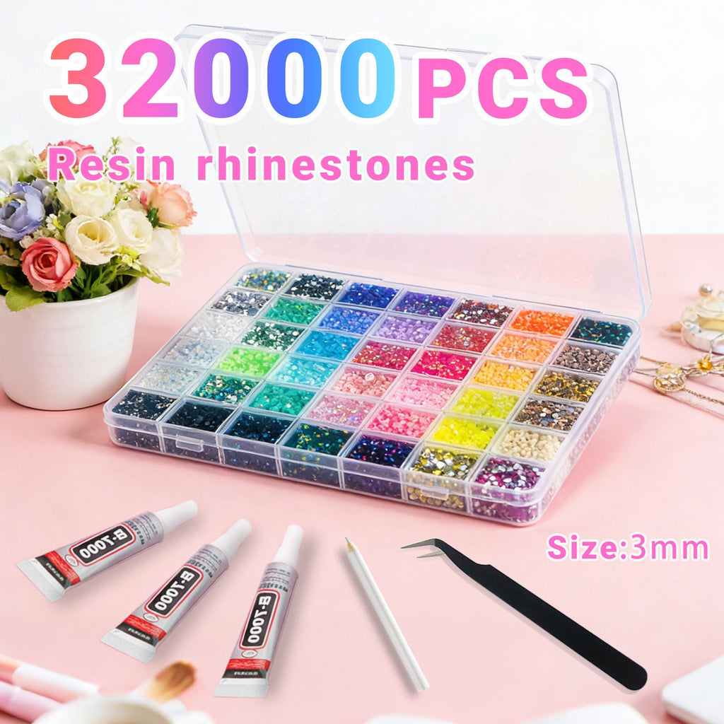 42 Colors Resin Jelly Rhinestones for Bedazzling Kit, 32000 Pcs 3mm Flatback Gems with 3 x B7000 Glue, Tweezers & Pickup Pen, DIY Craft Supplies for Clothing Shoes Nails Tumblers Phone Cases Diamond Art