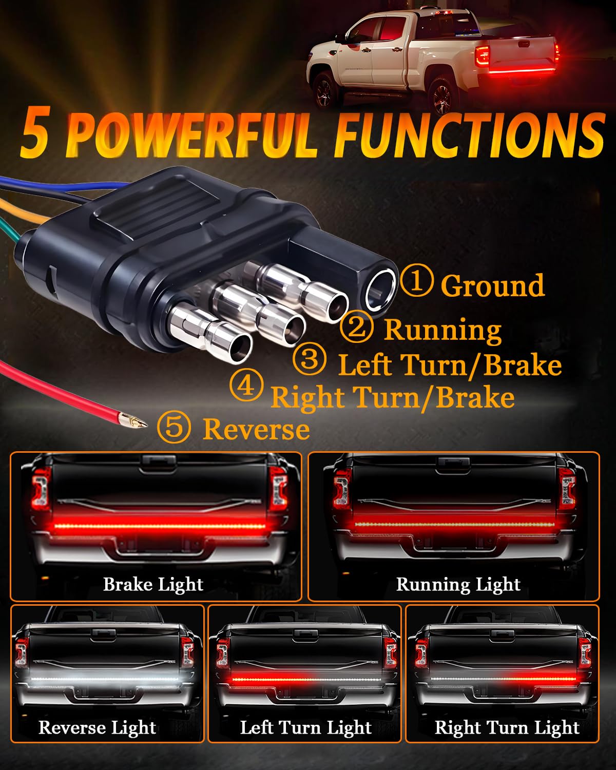 60inch Truck Tailgate Light Strip Bar, White/Red Reverse Light Brake Rear Turn Signal LED Strip for Pickup Trailer Cargo Tailgate Running Flash Light