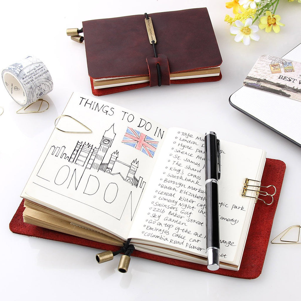 Refillable Handmade Traveler's Notebook, Leather Travel Journal Notebook for Men & Women, Perfect for Writing, Gifts, Travelers, 5.2" x 4" Inches - Wine