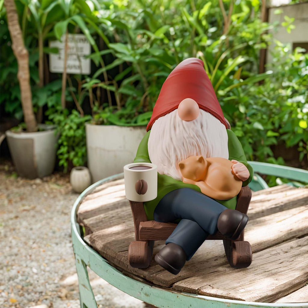 Drinking Coffee Garden Gnomes Statue Decoration, Rocking Chair Garden Gnomes Figurine Ornament for Indoor Outdoor Home Patio Yard Lawn Ourside