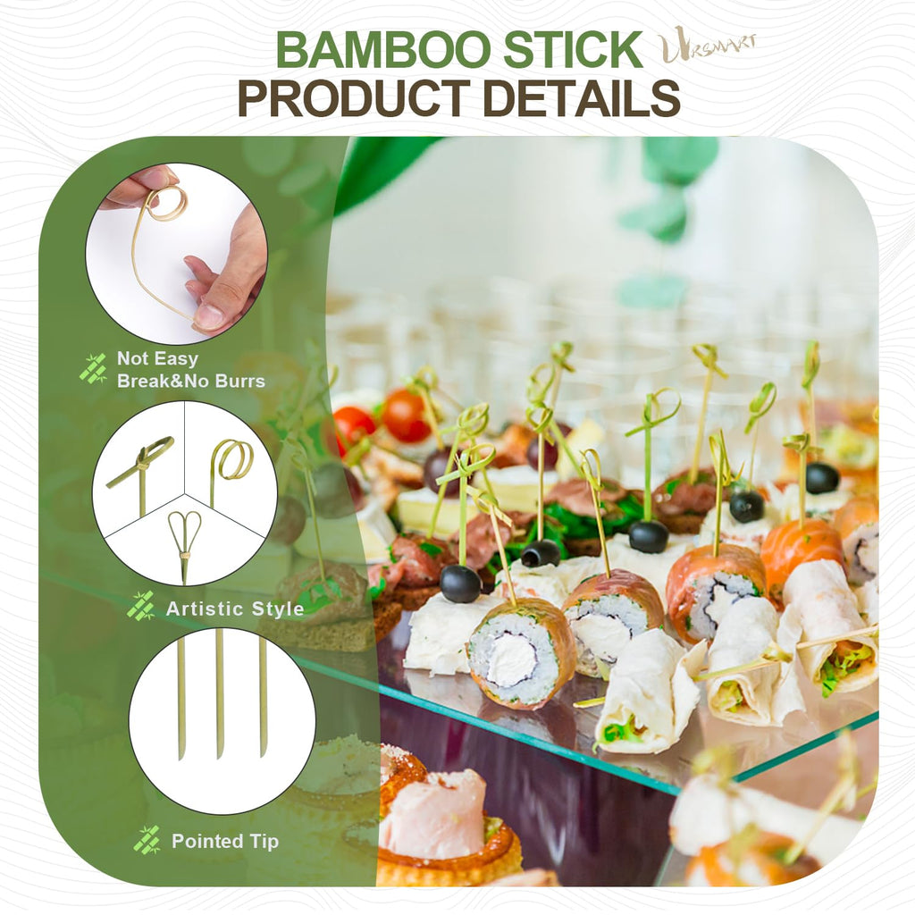 URSMART 300PCS Bamboo Cocktail Picks,Toothpicks for Appetizers 4.7Inch Appetizer Picks,Bamboo Handmade Skewers with Loop,Knot&Scissors for Appetizers,Cocktail Drinks,Barbecue(Every Style 100PCS)