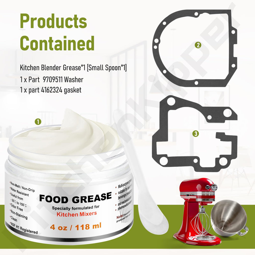 4 Oz Food Grade Grease for Kitchenaid Stand Mixer, Universally Compatible with Kitchen Stand Mixers - Equipped with 9709511 4162324 Gasket and Spatula